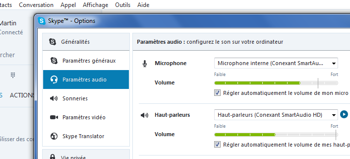 La fenêtre Options de Skype pour paramétrer l'audio et la vidéo