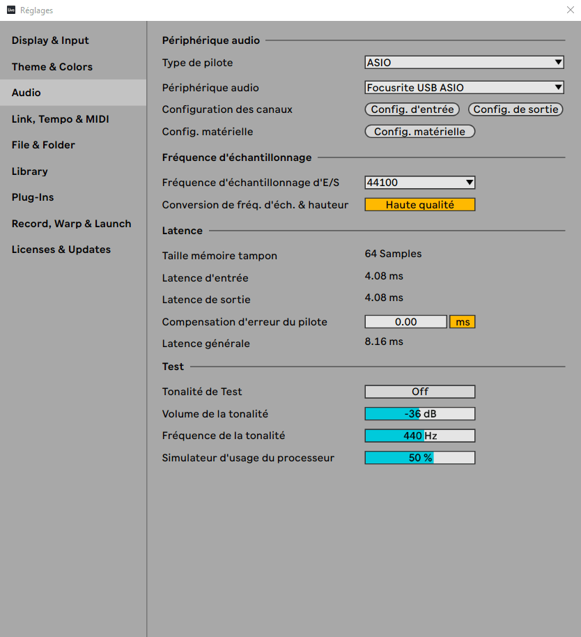 Le panneau Réglages/Audio de Ableton Live